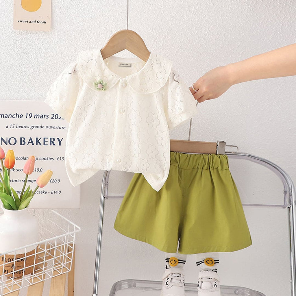 Girls Lace Top with Shorts Set Sets Green 1-2 Y 