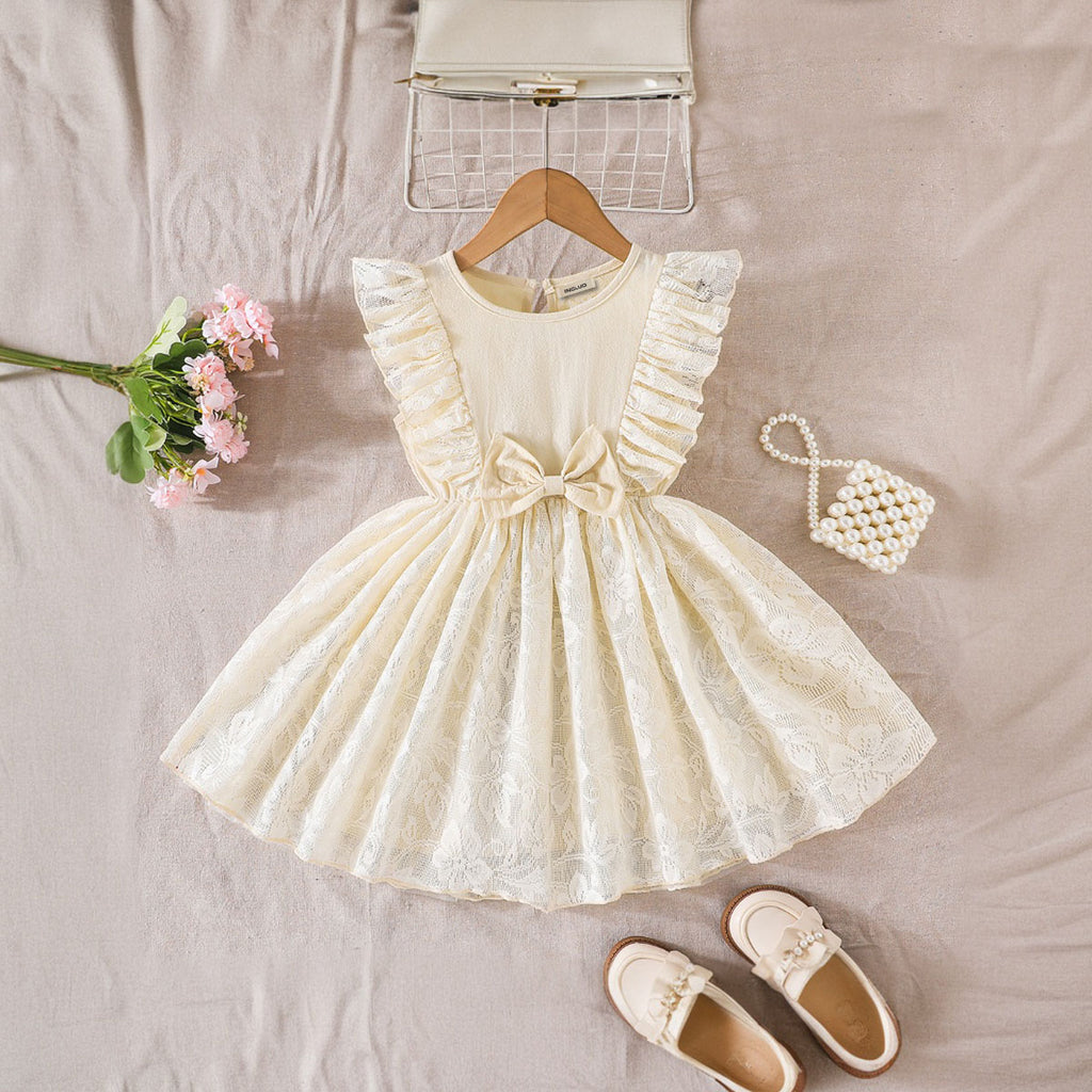 Girls Off White Self Floral Designed Lace Overlay Fit And Flared Dress Casual Dresses Off White 3-4 Y
