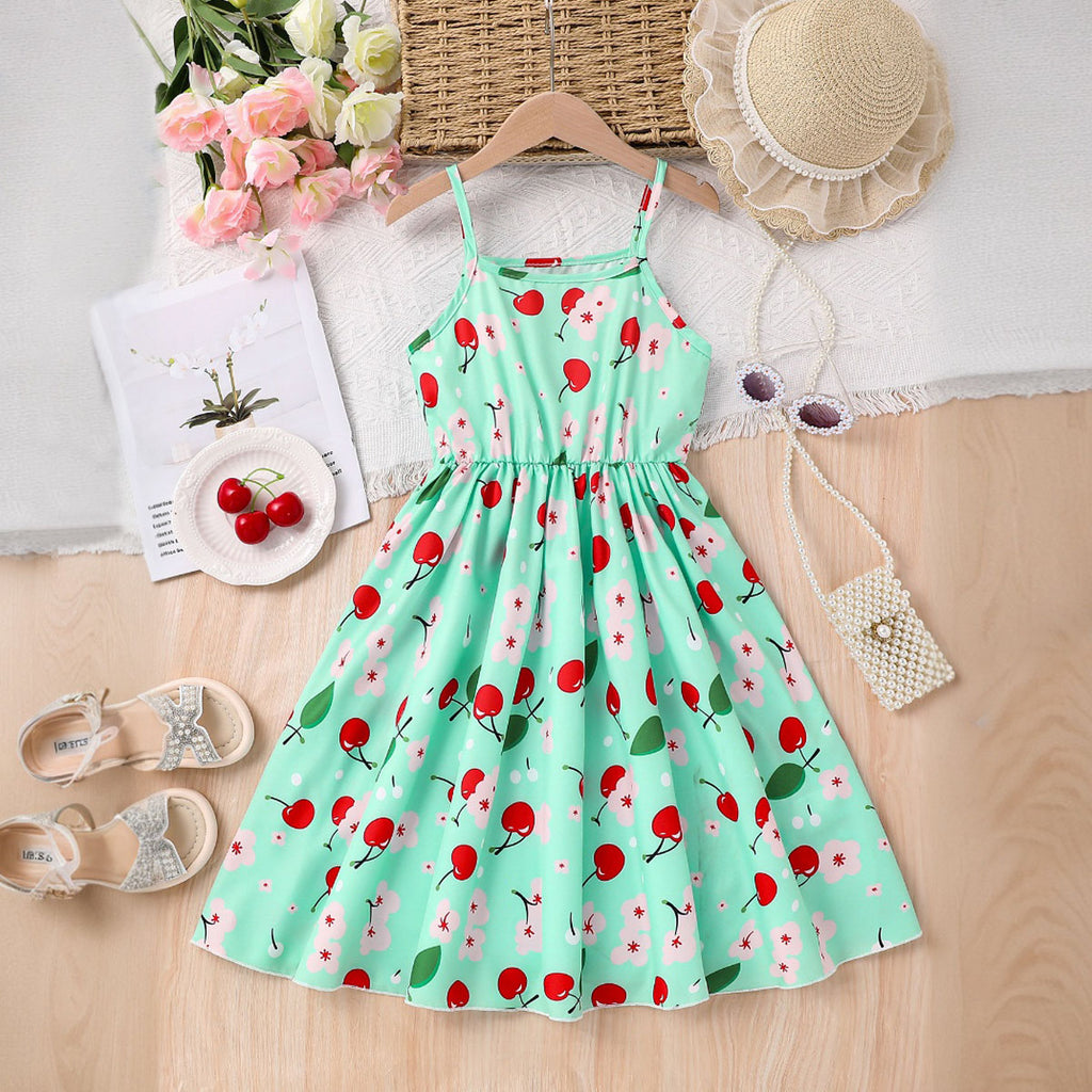 Girls Green Cherry Print Sleeveless Fit & Flare Casual Dress Casual Dresses
