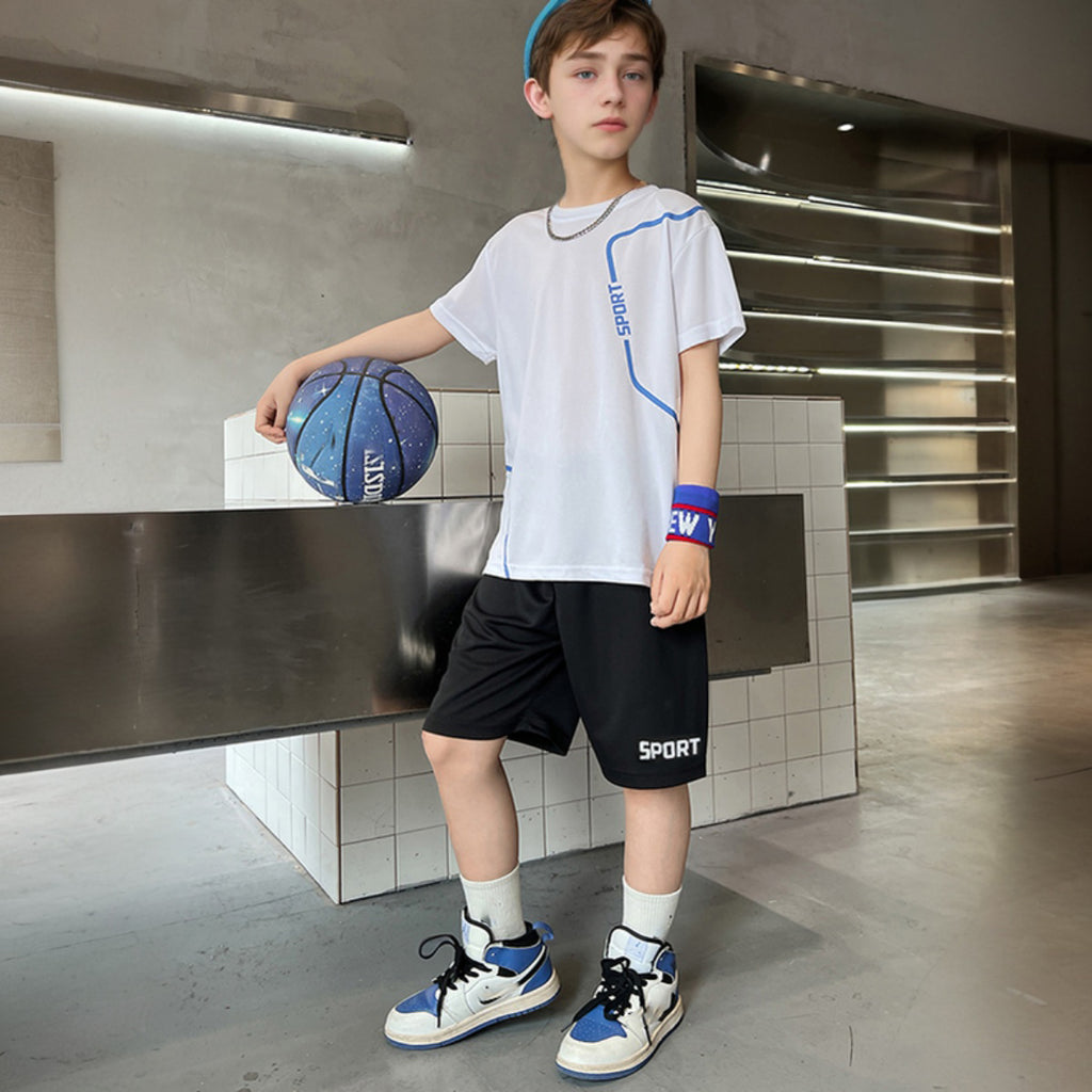 Boys White Typographic Sports Printed Summer T-Shirt With Shorts Set 2 pc. Sets White 5-6 Y
