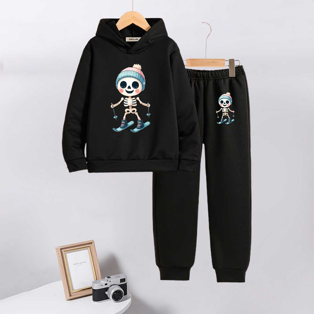 Girls Black Skating Skeleton Printed Hooded Sweatshirt With Jogger Co-ord Sets 2 pc. Sets Black 5-6 Y