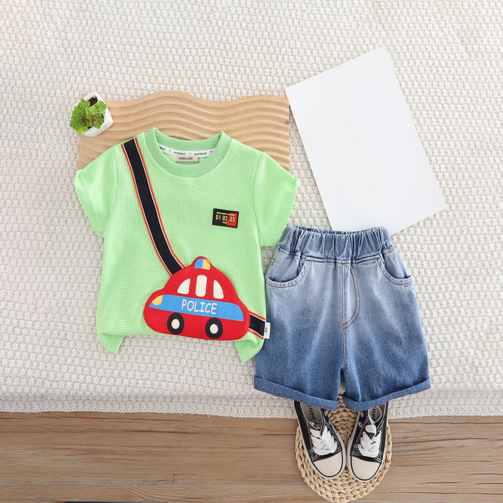 Boys Light Green Police Car Applique T-Shirt With Denim Shorts set 2 pc. Sets Light Green 1-2 Y