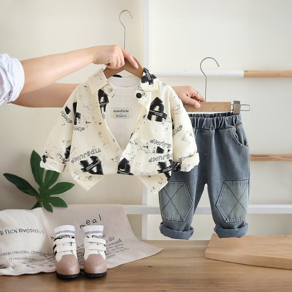 Boys Beige Printed Regular Shirt With T-Shirt And Denim Trousers Sets 3 pc. Sets Beige 1-2 Y