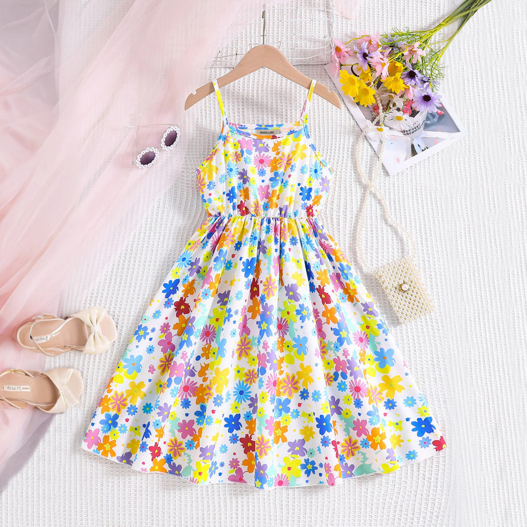 Girls Multicolor Floral Printed Strappy Fit & Flare Casual Dress Casual Dresses