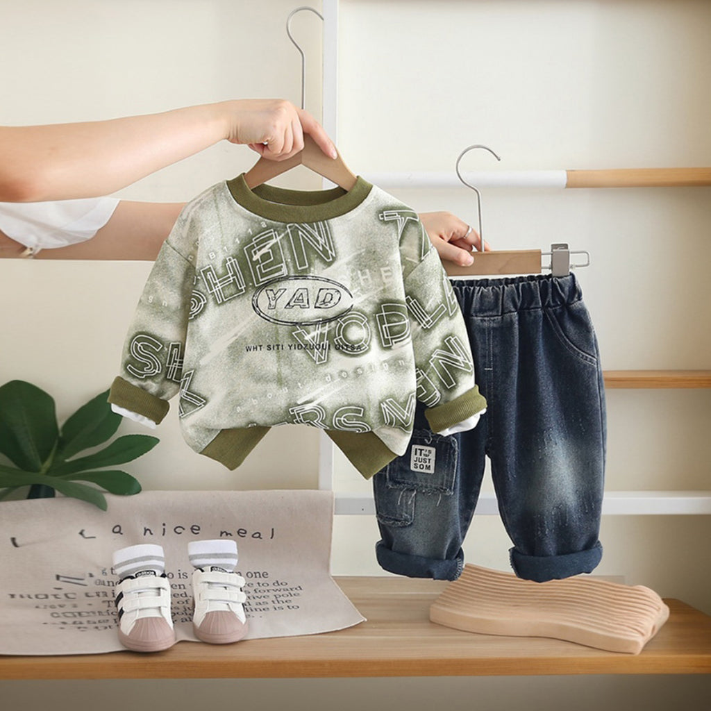 Boys Green Abstract Printed Sweatshirt With Denim Trousers Sets 2 pc. Sets Green 1-2 Y