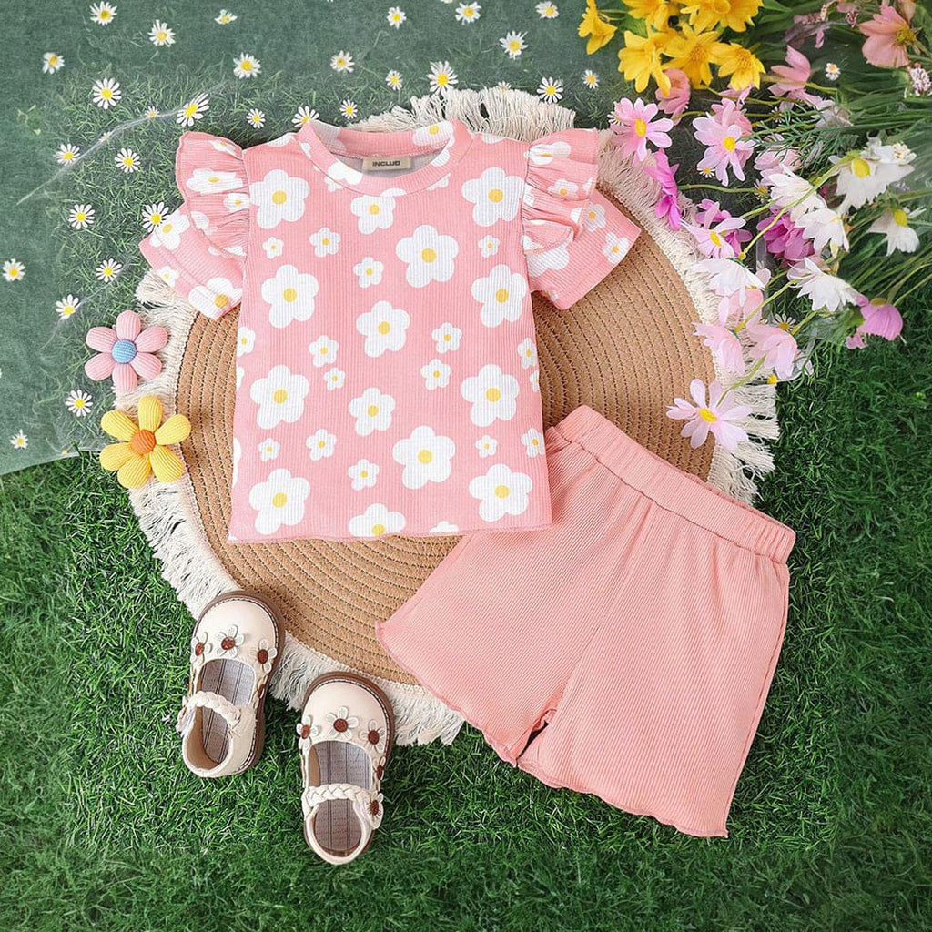 Girls Short Sleeve Flower Printed T-Shirt With Shorts Set 2 pc. Sets Pink 1-2 Y 