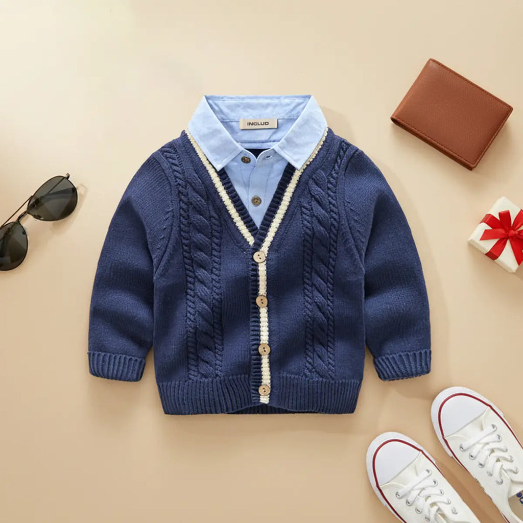 Boys Navy Blue Self-Design Cardigan With Shirt Collar Sweaters & Cardigans Navy Blue 2-3 Y