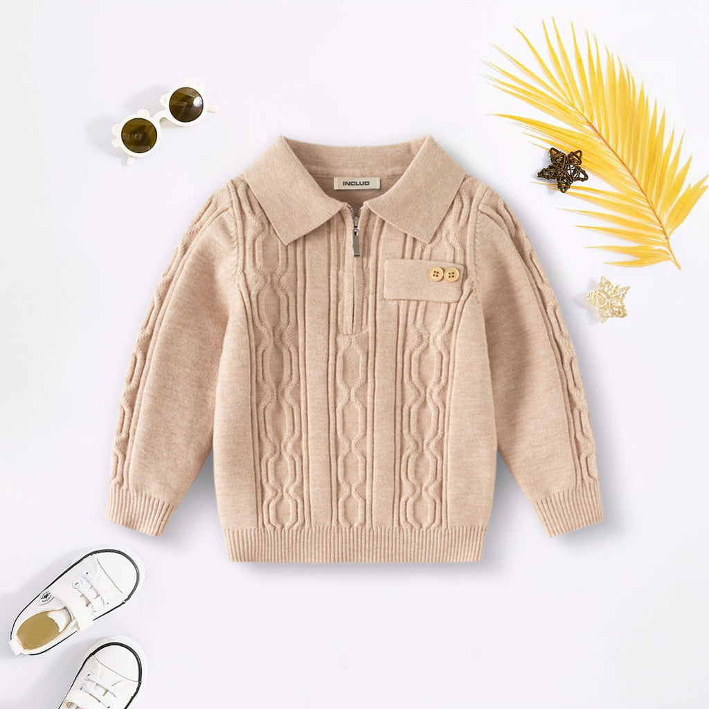 Boys Beige Self-Design Half Zipper Polo Sweater Sweaters & Cardigans Beige 2-3 Y