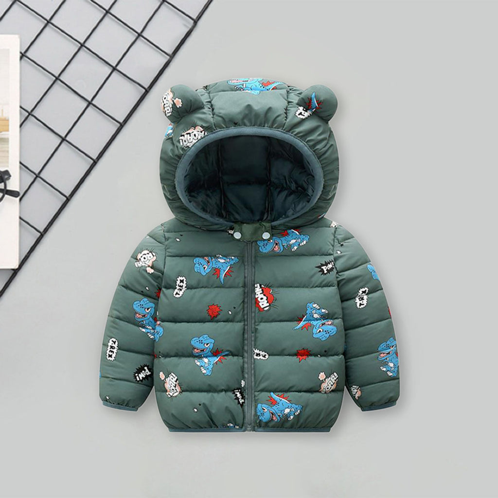 Girls Green Dinosaur Printed Hooded Puffer Jacket Coats & Jackets Green 1-2 Y