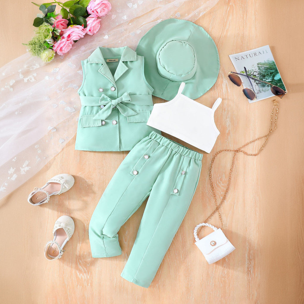 Girls Green Sleeveless Jacket With Camisole Top And Pants Sets 3 pc. Sets Green 3-4 Y