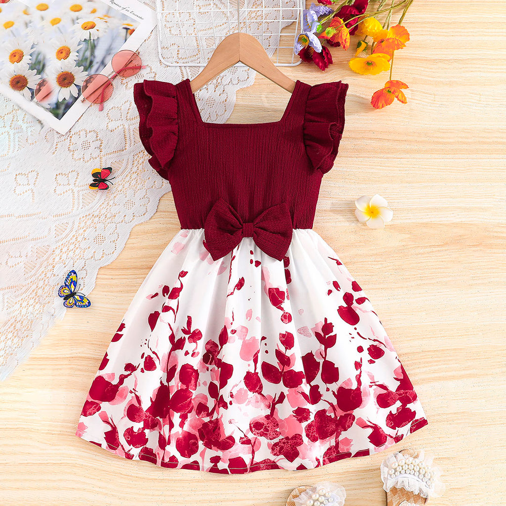 Girls Maroon Short Sleeve Floral Print Fit & Flare Dress Casual Dresses Maroon 2-3 Y
