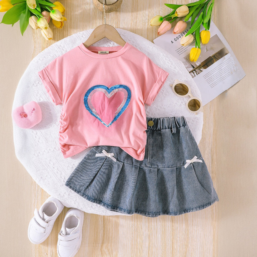 Girls Light Pink Heart Sequined Top With Denim Skirt Set 2 pc. Sets Light Pink 3-4 Y
