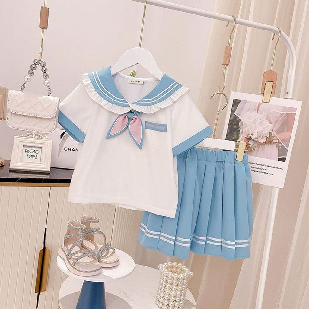 Girls Peter Pan Collar Top With Pleated Skirt Sets Blue 4-5 Y 