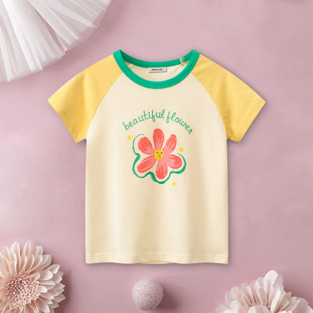 Girls Flower Print Raglan Sleeve Casual T-Shirt Tshirts Yellow 1-2 Y 