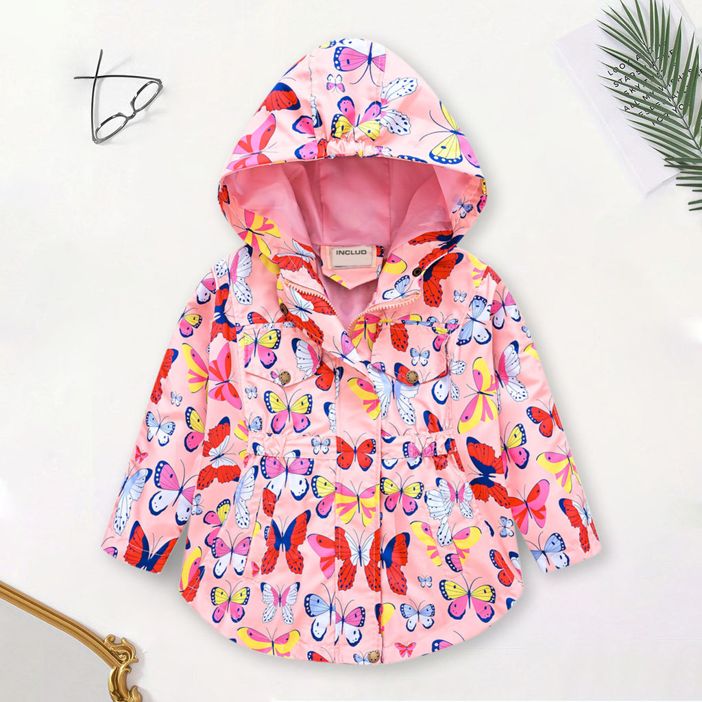 Girls Pink Butterfly Printed Front Zipper Hooded Jacket Coats & Jackets Pink 2-3 Y