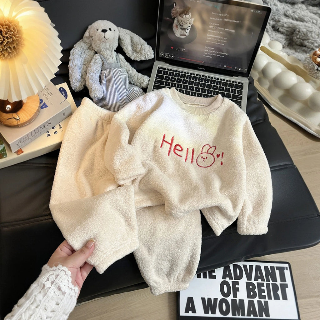 Girls Beige Typographic Embroidered Long Sleeves Top With Pants Sets Sets Beige 1-2 Y