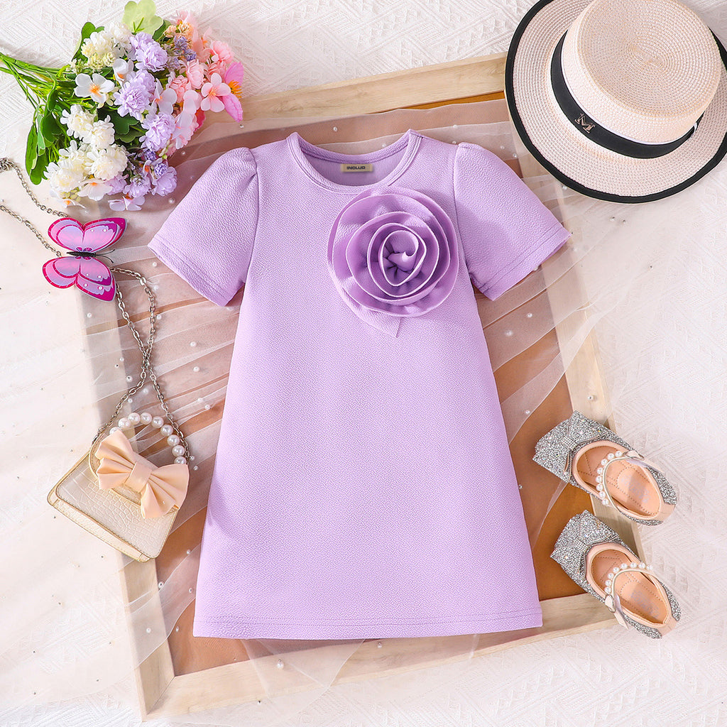 Girls Purple Short Sleeves A-Line Dress Casual Dresses Purple 2-3 Y