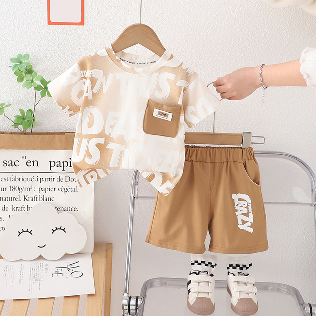 Boys Khaki Printed Contrast Pocket T-Shirt With Shorts Set 2 pc. Sets Khaki 1-2 Y