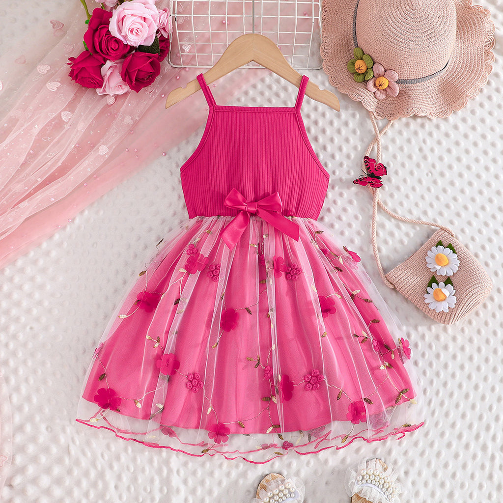 Girls Fuchsia Embroidered Tulle Overlay Fit And Flared Casual Dress Casual Dresses Fuchsia 2-3 Y