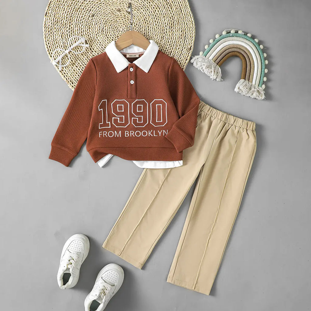 Includ Boys Winter Brown Polo T-Shirt With Elasticated Pants Set 2 pc. Sets Brown 3-4 Y