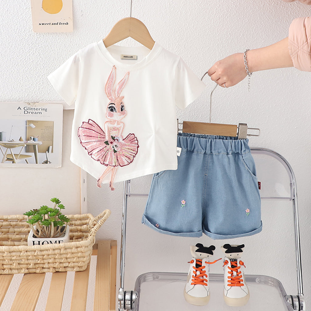 Girls White Rabbit Appliqued T-Shirt With Denim Shorts Set 2 pc. Sets White 1-2 Y