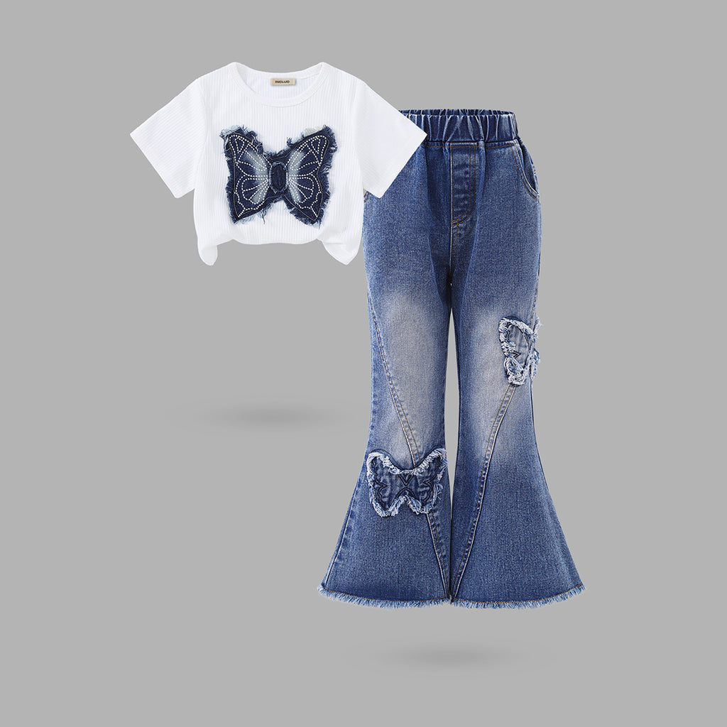 Girls White Butterfly Applique Top With Wide Leg Denim Pants Set 2 pc. Sets White 3-4 Y