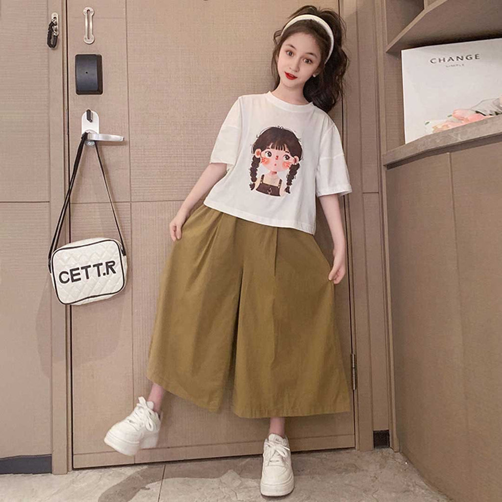 Girls Short Sleeve Graphic T-Shirt With Wide Leg Pants Set Sets   