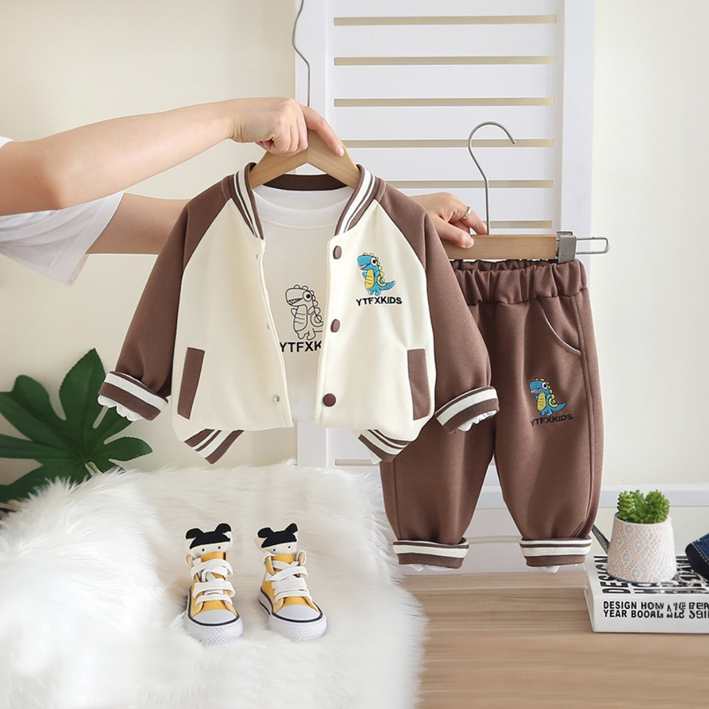 Boys Brown Dinosaur Printed Jacket With T-Shirt and Pants Set 3 pc. Sets Brown 1-2 Y