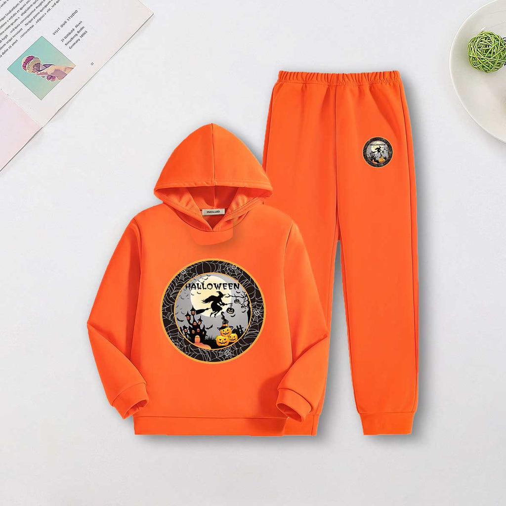 Boys Orange Graphics Halloween Printed Hooded Sweatshirt With Jogger Co-ord Set 2 pc. Sets Orange 7-8 Y