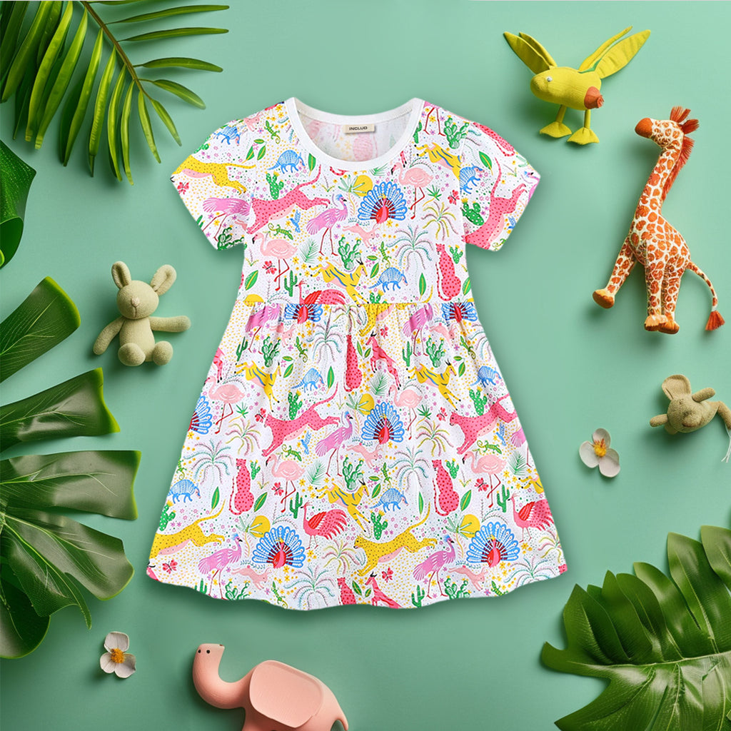 Girls Animal Printed Short Sleeve Dress Casual Dresses White 1-2 Y 