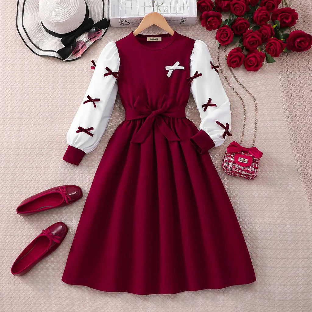 Girls Maroon Solid Bow Long Sleeves Fit And Flare Midi Dress Casual Dresses Maroon 7-8 Y