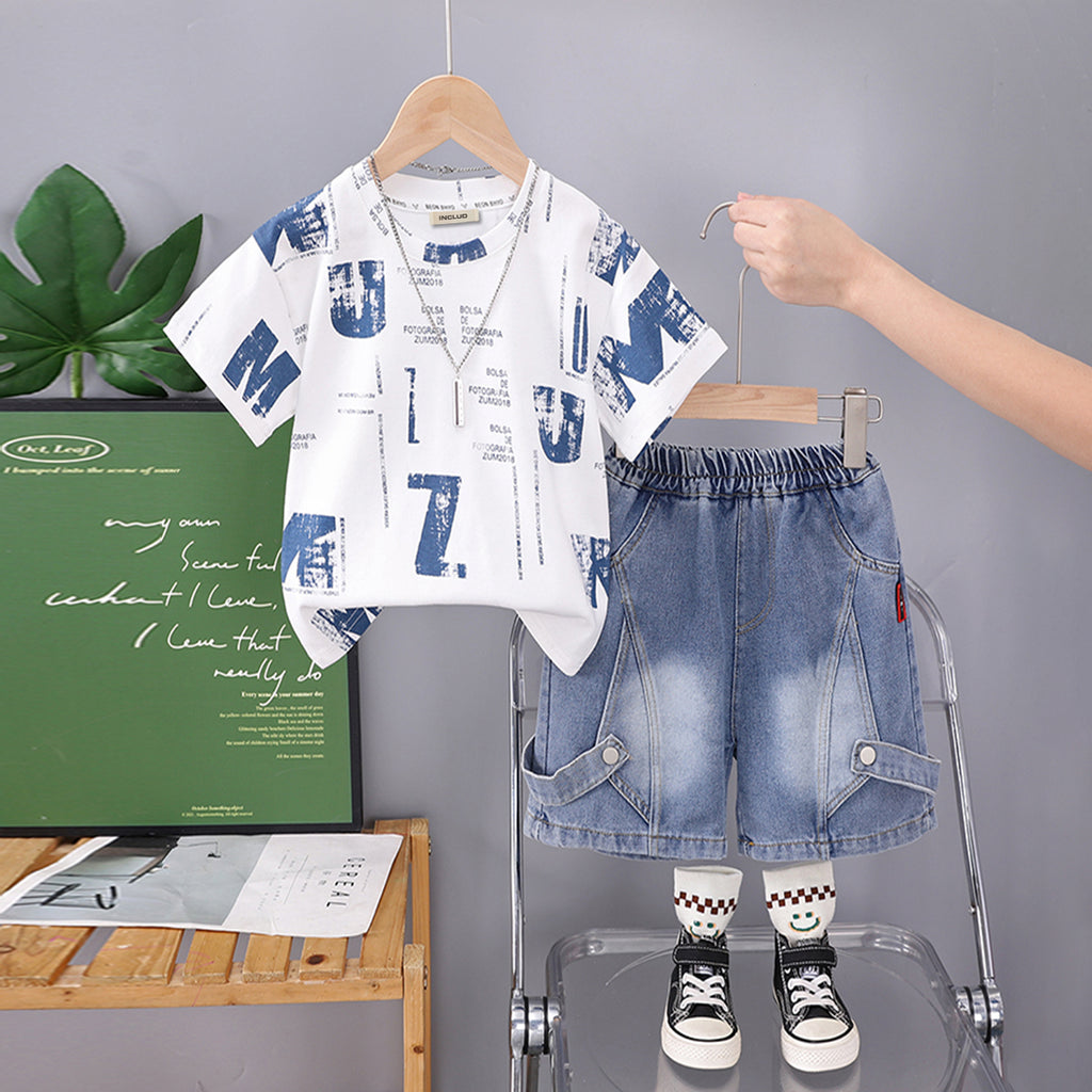 Boys Printed Short Sleeves T-Shirt With Light Blue Denim Shorts Set 2 pc. Sets Light Blue 1-2 Y