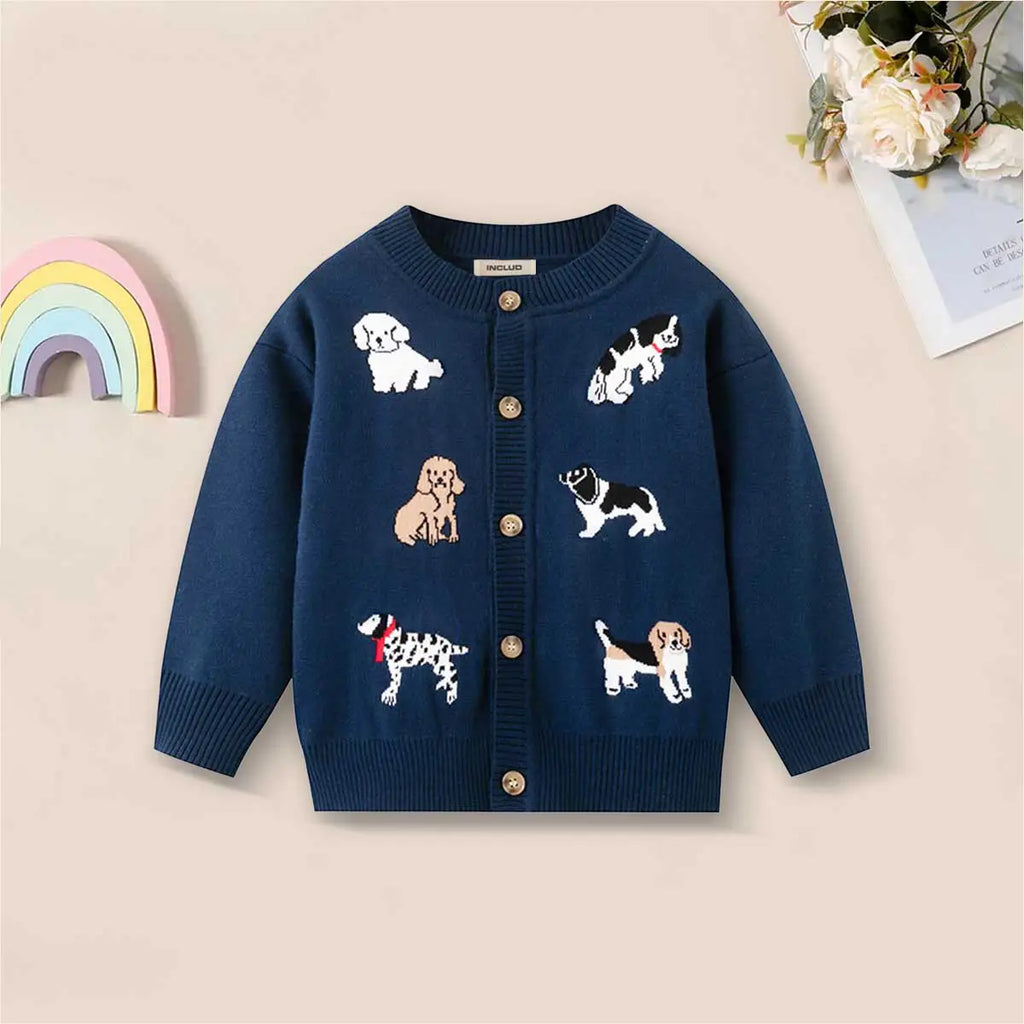 Boys Navy Blue Cardigan With Self-Design Puppy Patterns Sweaters & Cardigans Navy Blue 1-2 Y