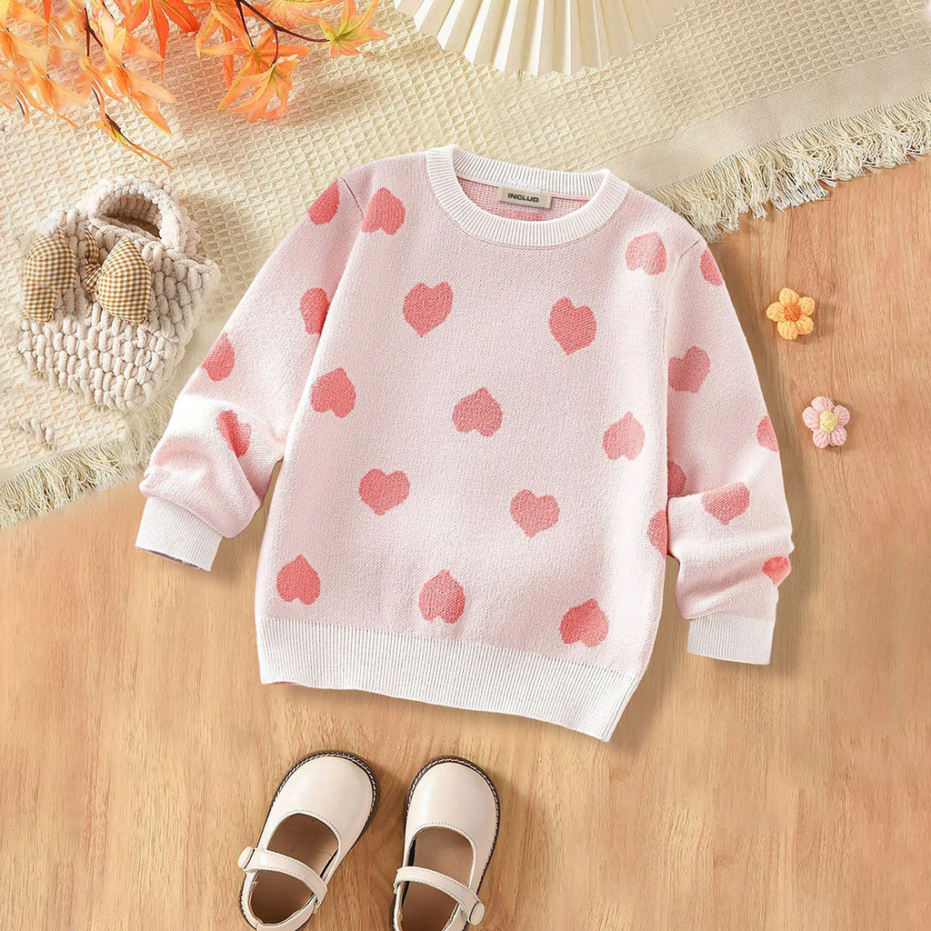Girls Pink Heart Print Full Sleeves Pullover Sweaters & Cardigans Pink 3-4 Y