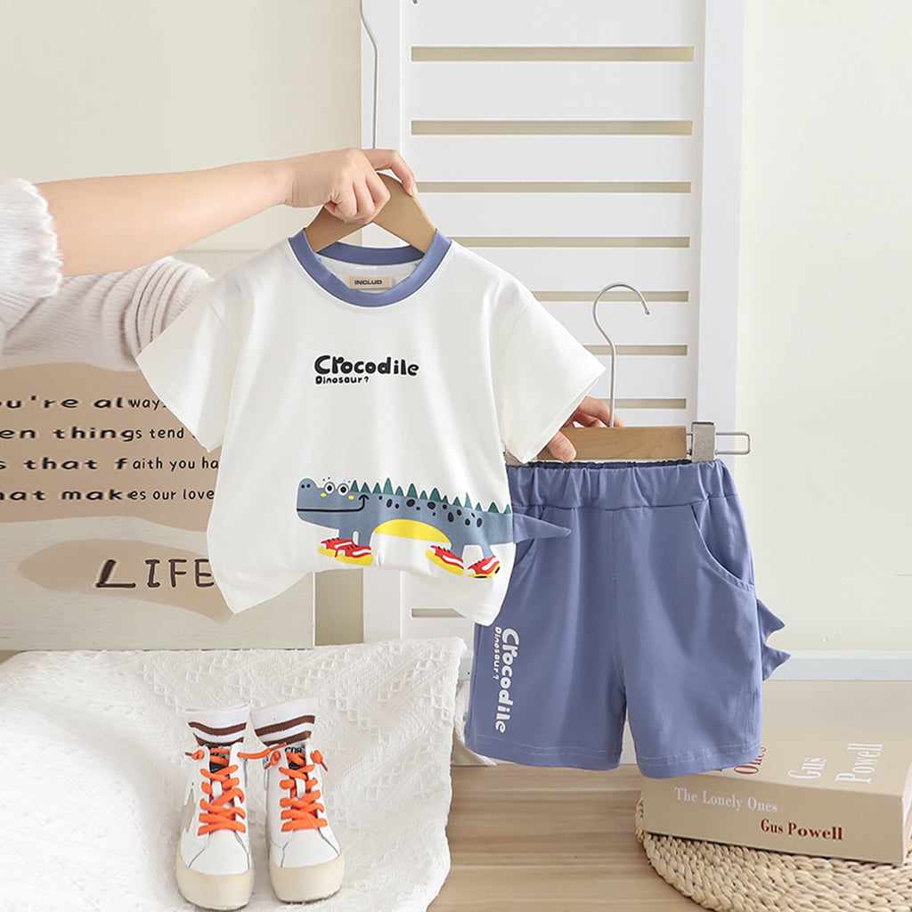 Boys White Crocodile Printed Short Sleeves T-Shirt With Shorts Set 2 pc. Sets