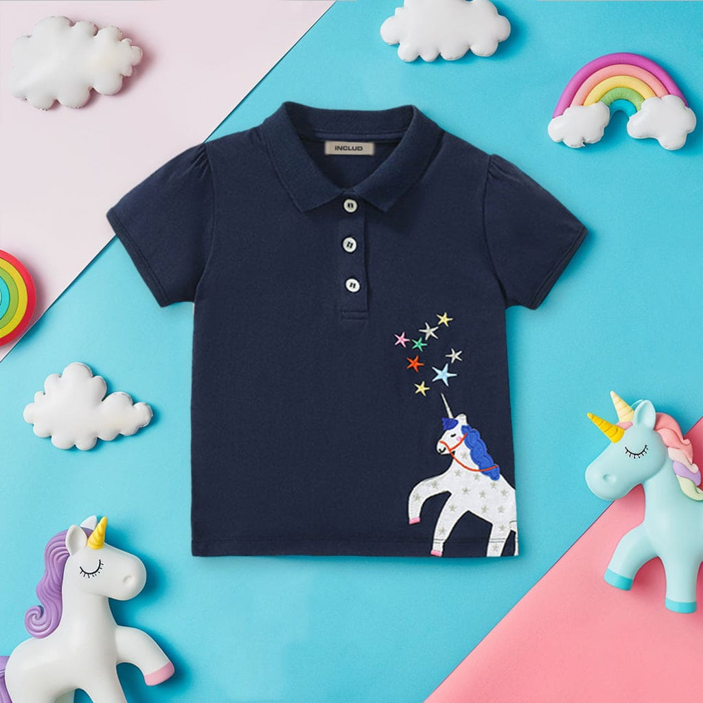 Girls Unicorn Embroidery Polo Neck T-Shirt Tshirts Navy 1-2 Y 