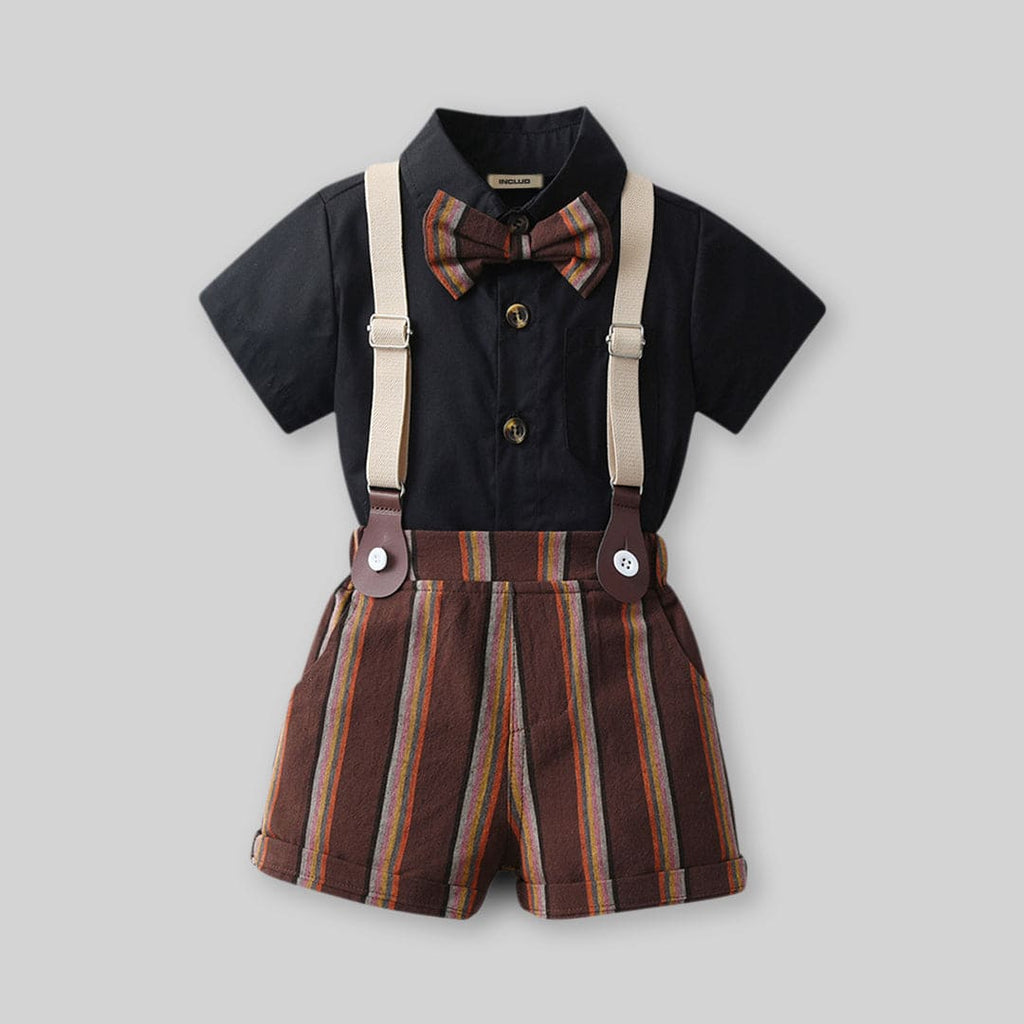 Boys Solid Shirt with Striped Suspender Shorts Set 2 pc. Sets Black 1-2 Y 