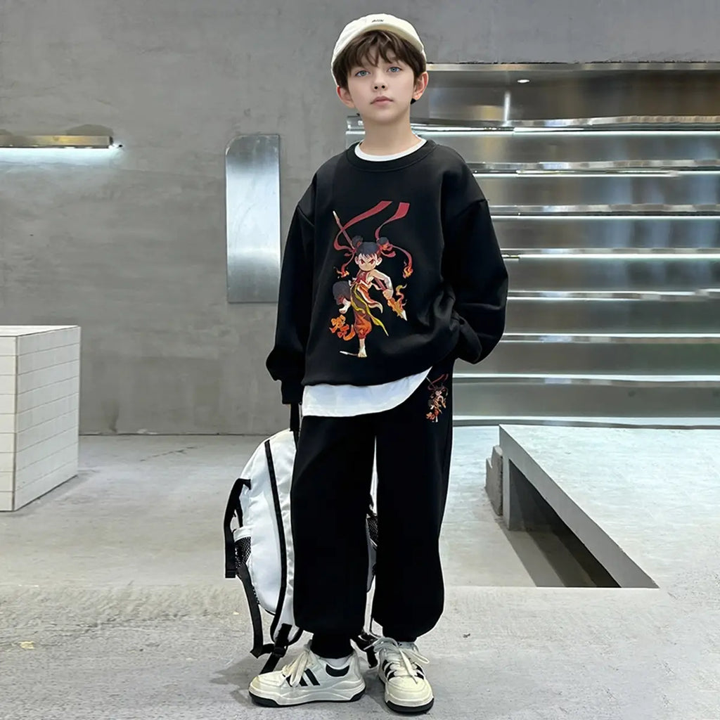 Boys Black Graphics Printed Oversized Sweatshirt With Jogger Co-ord Sets Sets Black 5-6 Y