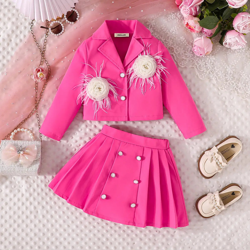 Girls Pink Flowers Applique Crop Blazer With Pleated Skirt Co-ord Sets Sets Pink 2-3 Y