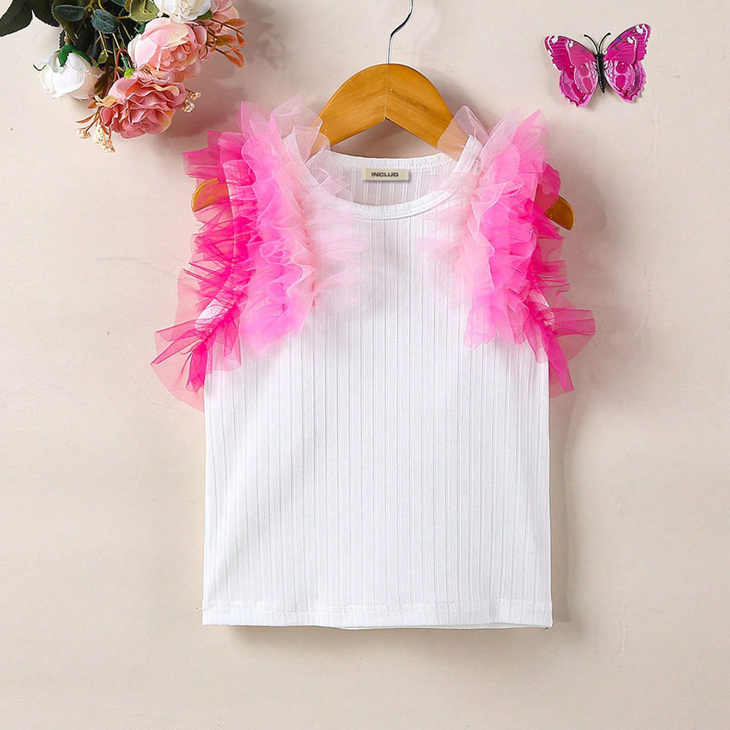 Girls White Sleeveless Top with Pink Ombre Tulle Ruffles Tops White 3-4 Y