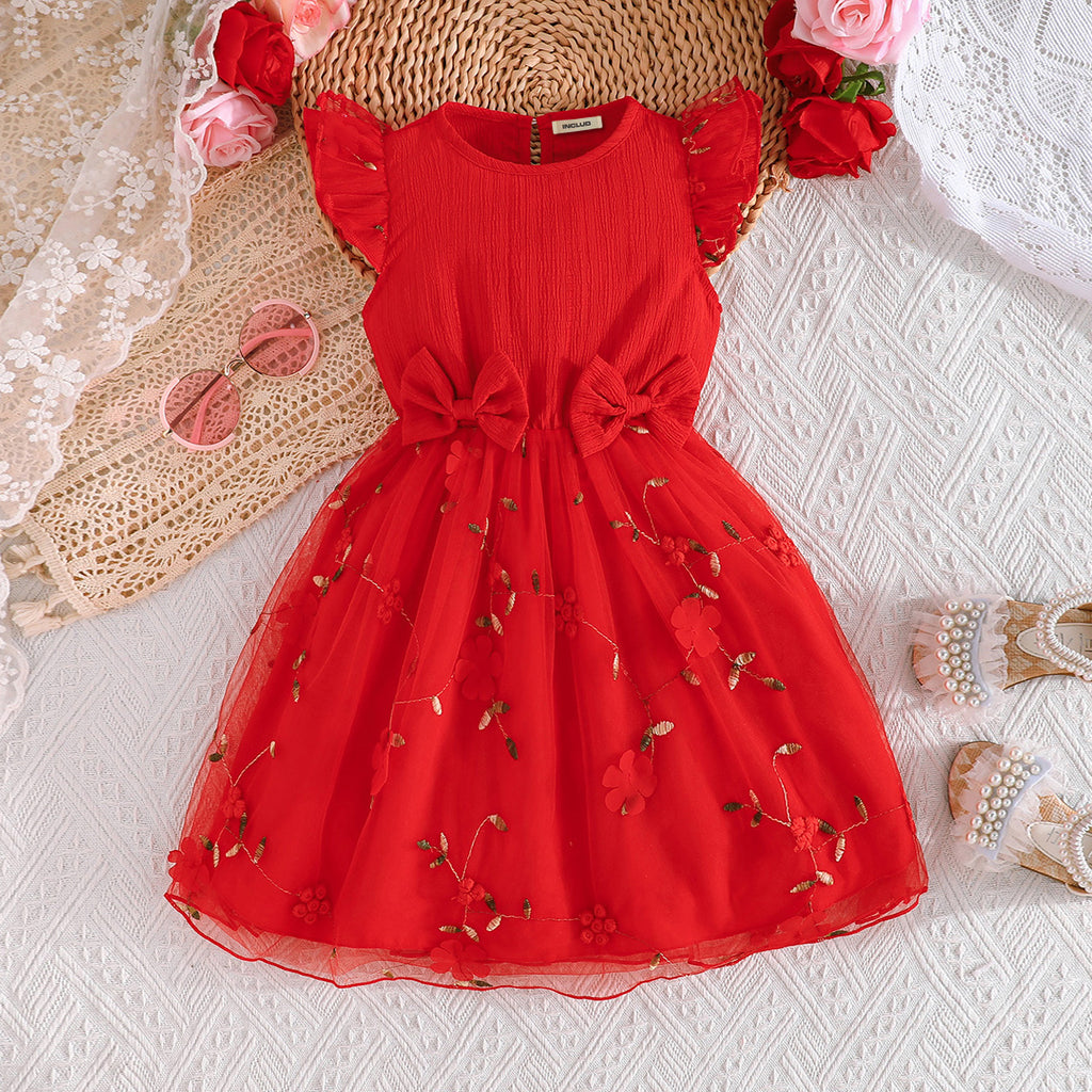 Girls Red Floral Embroidered Fit & Flare Dress Casual Dresses Red 2-3 Y