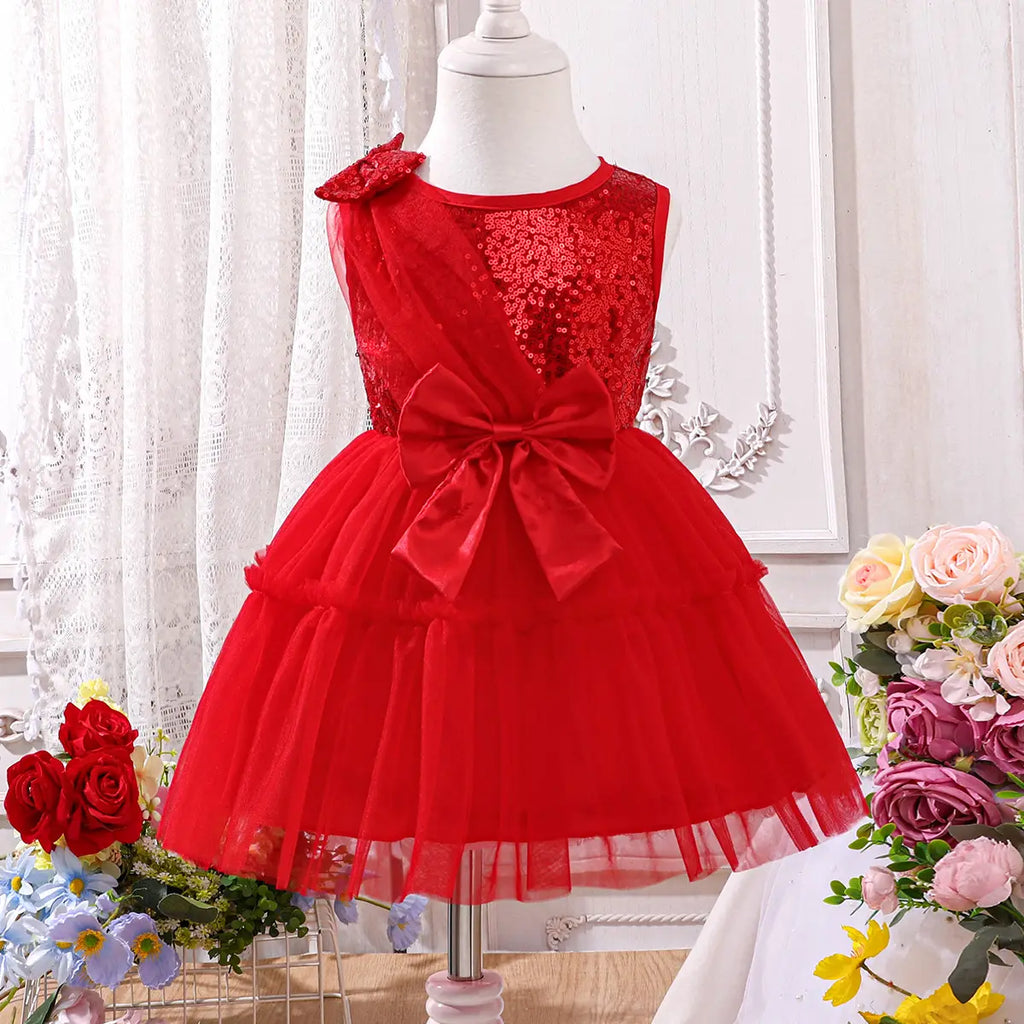 Girls Red Sequined Fit & Flare Party Wear Dress Party Dresses Red 1-2 Y