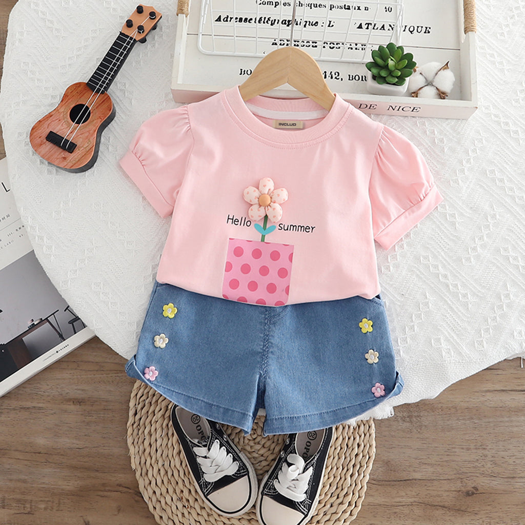 Girls Light Pink Flower Appliquéd Top With Denim Shorts Set 2 pc. Sets Light Pink 1-2 Y