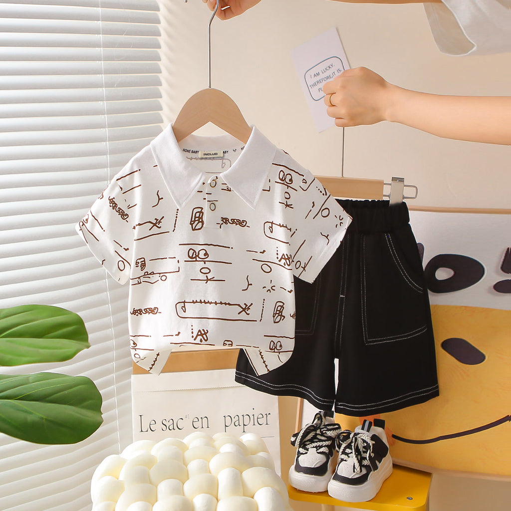 Boys Brown Abstract Printed Polo T-Shirt With Contrast Stitched Shorts Set 2 pc. Sets Brown 1-2 Y