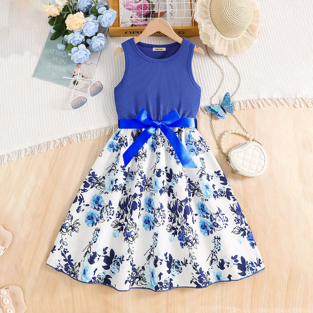 Girls Blue Floral Printed Fit And Flared Midi Casual Dress Casual Dresses Blue 3-4 Y
