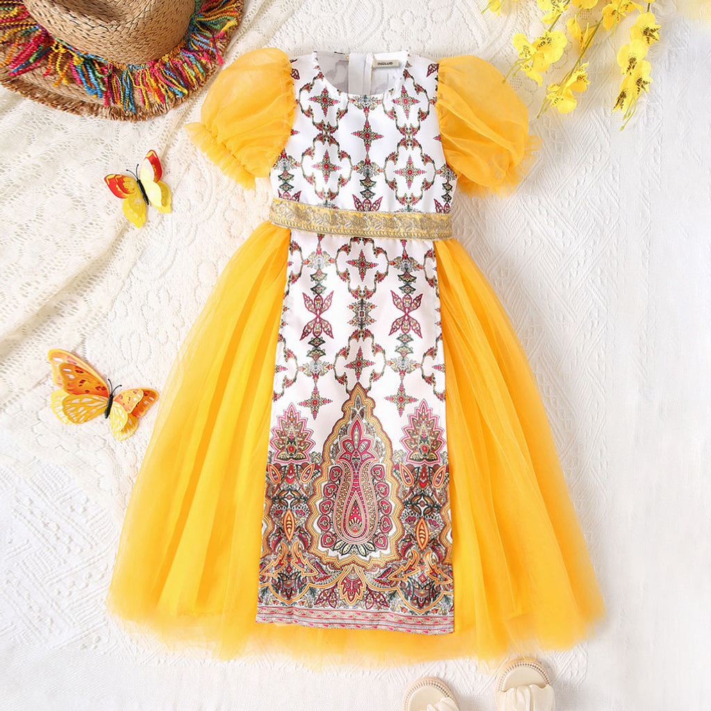 Girls Yellow Short Sleeve Printed Fit & Flare Dress Casual Dresses Yellow 6-7 Y