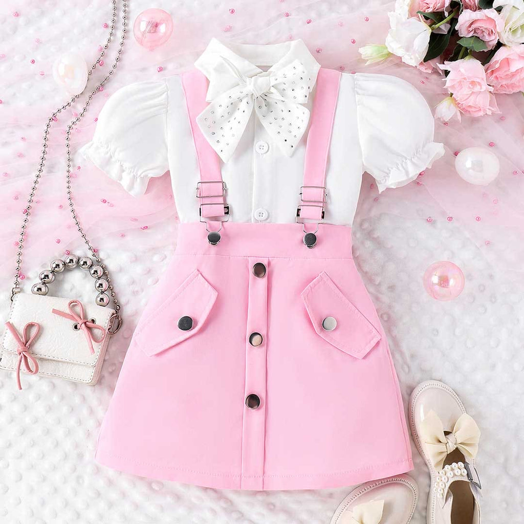 Girls Puff Sleeve Shirt With Bow & Suspender Skirt Set 2 pc. Sets Pink 4-5 Y 