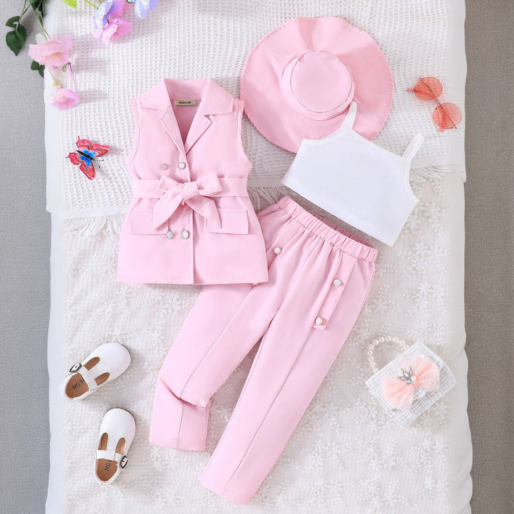 Girls Pink Camisole Top With Sleeveless Jacket And Pants Sets 3 pc. Sets Pink 3-4 Y