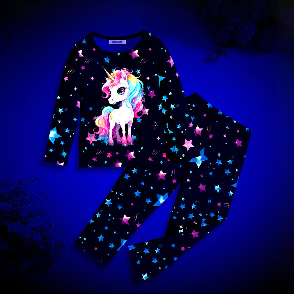 Girls Black Unicorn Printed Glow in the Dark T-Shirt & Pajama Winter Set 2 pc. Sets Black 3-4 Y