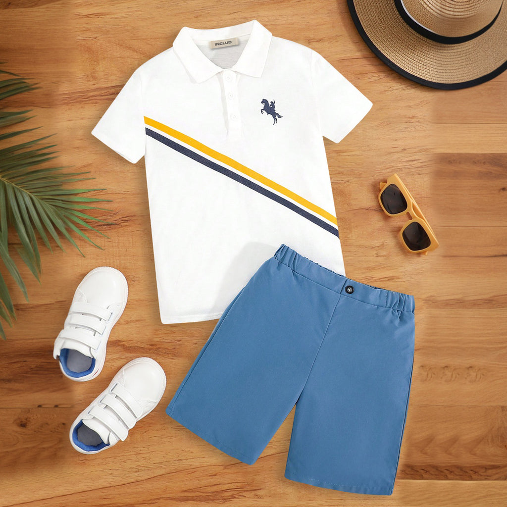 Boys White Embroidered Short Sleeve Polo T-Shirt With Shorts Set 2 pc. Sets White 7-8 Y